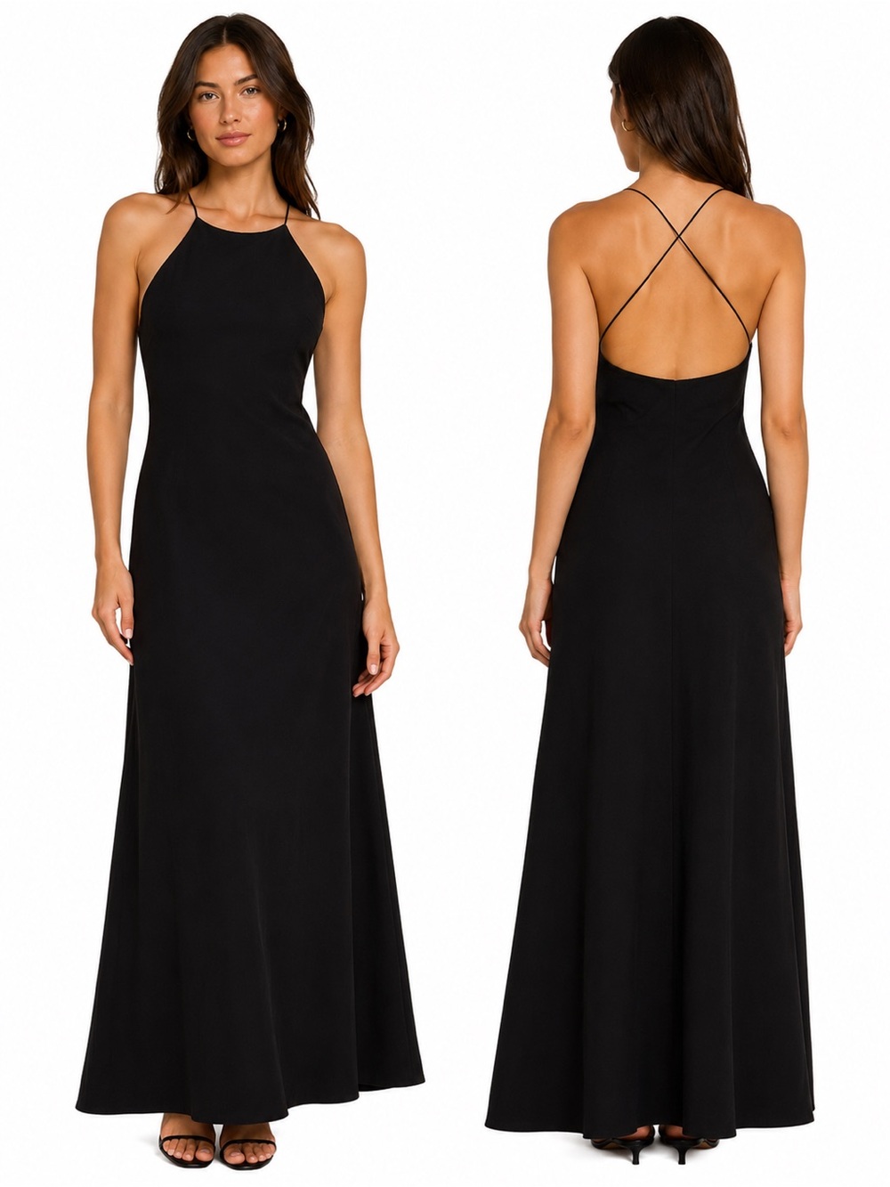 Vintage 90s Y2K Strappy Back Black Maxi Prom Formal Dance Dress high neck halter